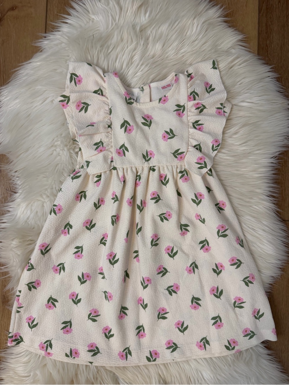 Zara Flutter Sleeve Cream Dress with Pink Floral Print Size 4-5
